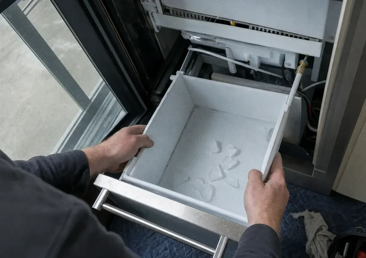 Stainless freezer drawer pulled clear of a built-in cabinet with its white moulded liner lifted out