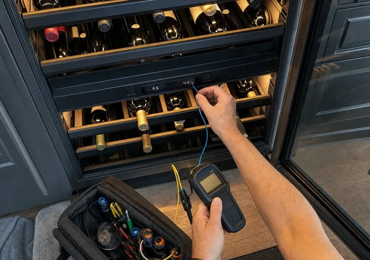 Dual-zone wine cabinet seen at an angle with a multimeter and test leads at the rack face and an open tool case on the floor